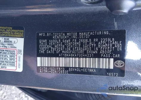 2007 Toyota Camry Le V6 из США, поврежденный, VIN 4T1BK46K47U044231